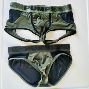 MENS Pump! Olive Army Green Black Ribbed Briefs Undies Open Back Jock Strap M